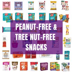 an advertisement for peanut - free and tree nut - free snacks is shown in purple