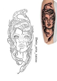 a woman's face with snakes on her arm and another tattoo design in the background