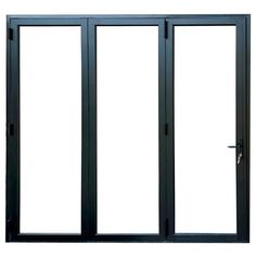 an open sliding glass door with black frame and side panels on the bottom half of it