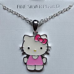 Hello Kitty Pendant With Pink Bow Necklace 18in Fine Silver Plated Hello Kitty Necklace, Hello Kitty White Necklace For Gift, White Hello Kitty Necklace For Gift, White Hello Kitty Necklace Gift, Hello Kitty Big Pendants, Hello Kitty Pendant, Matching Hello Kitty Necklace, Cute Hello Kitty Silver Necklace, Cute Silver Hello Kitty Necklace