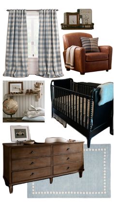 a collage of furniture and decor items including a baby's crib, chair, dresser, window curtain, rugs