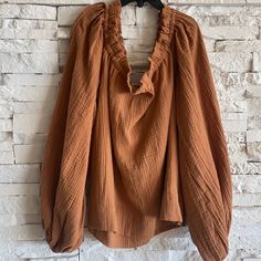 Perfect Condition Brown Long Sleeve Blouse For Brunch, Brown V-neck Top For Brunch, Brown Cotton Tops For Daywear, Brown Spring Tops For Daywear, Brown Tops For Daywear In Spring, Brown Tops For Spring Daywear, Brown Long Sleeve Tops For Brunch, Brown Cotton Top For Brunch, Brown Cotton Tops For Brunch