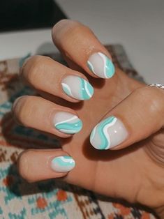 short mint swirl nails Teen Nails, Beach Nail Designs, Beachy Nails, Teal Nails, Country Nails, Cute Simple Nails, Simple Gel Nails, Summery Nails, Her Nails