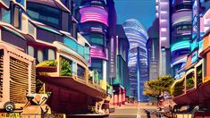 an animated city with futuristic buildings and colorful lights