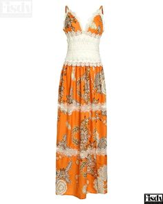 Fisdy - Maxivestido con estampado floral, encaje en contraste y abertura en el bajo Orange Trends, Stylish Maxi Dress, Elegant Maxi Dress, Neck Bodycon Dress, Floral Decoration, Pleated Maxi Dress, Floral Print Maxi Dress, Floral Print Maxi, Lace Maxi