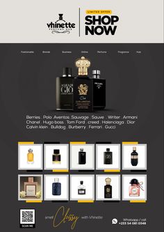 an image of a website page for perfumes and colognery products, with the words shop now on it