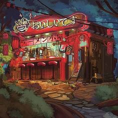 an illustration of a chinese restaurant at night