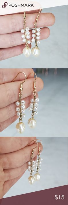 ❤🆕️ Golden Ttendy Stunning Earrings With Pearls Length 2" boutique Jewelry Earrings White Teardrop Metal Earrings, White Teardrop Wire Wrapped Earrings, Handmade White Pearl Earrings With Metal, Handmade White Metal Pearl Earrings, White Metal Dangle Bridal Earrings, Single White Metal Earring, White Dangle Pearl Earrings, White Pearl Nickel-free Jewelry, White Wire Wrapped Round Pearl Earrings