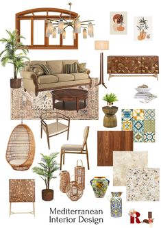 a collage of furniture and decor items with the words mediterranean interior design written below