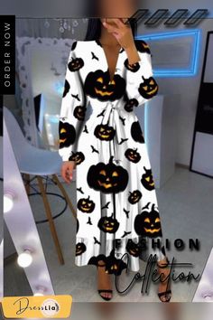 Halloween Casual V Neck Long Dress Dresses Halloween, Printed Dresses Fashion, V Neck Long Dress, Rave Dress, Casual Halloween, Halloween Color, Cake Skirt, Vogue Dress, Long Sleeve Print Dress