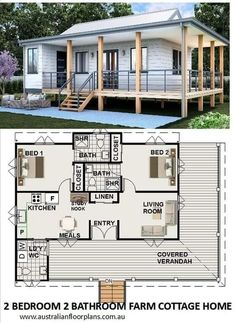 the floor plan for a small house with two bedroom and an attached porch, is shown in