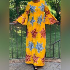 New Without Tags Handmade Yellow African Print Ankara Long Sleeve Maxi Kaftan Dress Size M/L Bust 40” Waist 36” Length 57” 100% Cotton Zipper Closure Handmade Traditional Batik Print Maxi Dress For Spring, Traditional Fitted Maxi Dress For Vacation, Bohemian Yellow Dress With Kimono Sleeves, Yellow Bohemian Dress With Kimono Sleeves, Fitted Dress With Traditional Style And Kimono Sleeves, Fitted Traditional Dress With Kimono Sleeves, Traditional Fitted Dress With Kimono Sleeves, Traditional Yellow Floral Print Dress, Traditional Yellow Long Maxi Dress