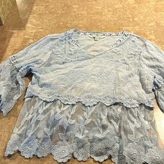 Bnwot Size Small/ Medium Davi & Dani Blouse. Beautiful Floral Detail & Lace 65% Cotton, 35% Nylon Blue Lace Top With Short Sleeves, Blue Lace Short Sleeve Top, Blue Lace Tops For Spring, Blue Lace Blouse For Spring, Color Blue, Top Blouse, Blouses, Womens Tops, Lace