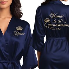 Step into your Quinceañera celebration in style with our Personalized Satin Quinceañera Robe. Crafted for your special day, this personalized Quinceañera robe exudes luxury and elegance. Ideal for getting ready moments and capturing unforgettable photos, it features beautiful glitter and regular text color options to match your Quinceañera party. Perfect for your Quince birthday, our personalized robe is a symbol of sophistication and grace as you embark on this milestone journey. Make your Mis Damas Outfits Quinceanera, Xv Dresses, Blue Sweet 16, Sweet 15 Party Ideas Quinceanera, Sweet 15 Party Ideas, Blue Quince, Custom Robes, Personalized Robe, Quinceanera Party