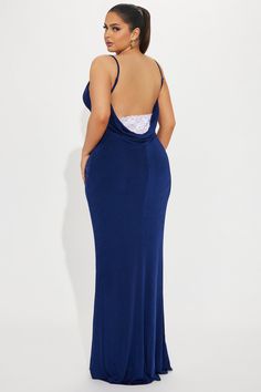 Available In Taupe And Navy. Slinky Maxi Dress Adjustable Spaghetti Straps Cowl Neckline Backless Lace Back Detail Stretch Self: 92% Polyester 8% Spandex Lining: 100% Polyester Imported | Hailey Slinky Maxi Dress in Navy Blue size XS by Fashion Nova Blue Backless Dresses With Built-in Bra, Stretch Seamless Maxi Dress For Party, Free Dresses, Maxi Dress Navy, Cowl Neckline, Navy Fashion, Lace Back, Matching Dresses, Fashion Nova