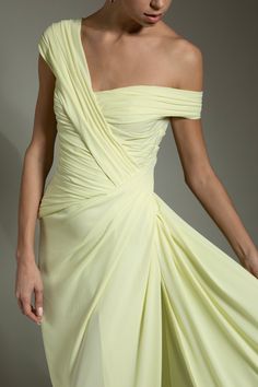 Monique Lhuillier off the shoulder gown in pale yellow. Body: Polyester, Lining: Silk Spot Clean Made in the USA Drape Gown, Mothers Gowns, Yellow Gown, Mother Of The Bride Gown, Pastel Dress, Green Gown, Marissa Collections, What To Wear To A Wedding, Cocktail Evening Dresses