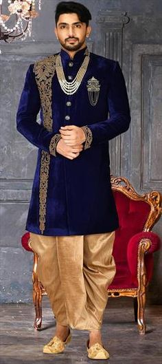 Blue color Dhoti Kurta in Velvet fabric with Broches, Sequence, Thread, Zari work Blue Cutdana Sherwani For Transitional Season, Royal Festive Kurta With Zari Work, Royal Kurta With Zari Work For Festive Occasions, Festive Royal Kurta With Zari Work, Blue Cutdana Kurta For Ceremonial Occasions, Blue Kurta With Dabka In Traditional Drape Style, Ceremonial Blue Kurta With Cutdana, Royal Traditional Wear For Diwali, Royal Traditional Wear For Diwali In Traditional Drape