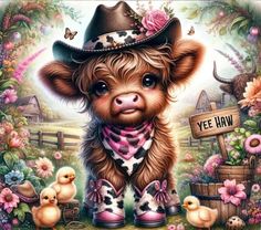 a painting of a baby cow wearing boots and a cowboy hat with flowers around it