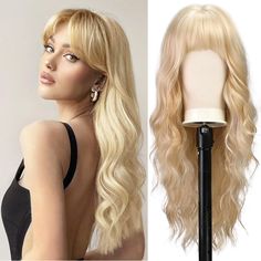 PRICES MAY VARY. 【Premium Synthetic Wig】 BARSDAR Long Wavy Wigs are made of high-quality fiber-resistant material for a natural, thick and fluffy look. Soft to the touch, not easy to fall off and tangle, no odor, and won't hurt the skin. 【Cap and Size】High quality rose mesh cap mesh cap is durable, breathable and comfortable, you can't see any cap or weft underneath after wearing it, it won't make you feel uncomfortable even if you wear it all day, comes with adjustable shoulder straps , fits mo Long Blonde Wigs For White Women, Blonde Wig Ponytail, Long Wigs With Bangs, Taste Costume, Wavy Blonde Hair With Bangs, Blonde Hair Wigs, Blonde Hair Long, Blonde Wig With Bangs, Butter Blonde