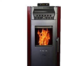 a wood burning stove with flames on the front and side panels, in a dark red finish