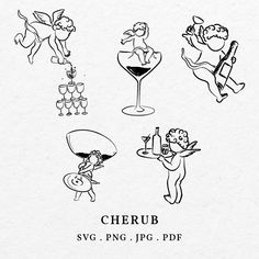 black and white drawing of cartoon characters with wine glasses, cherub, cocktail glass, angel