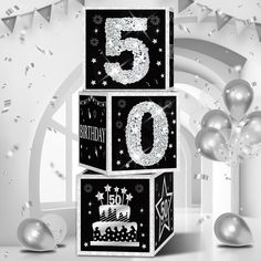 a black and white photo with balloons and confetti in the background that says 50th