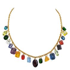 One-of-a-kind, multiple gemstone charms linked on a 22k yellow gold cable chain necklace. There are nineteen drilled gem charms in this necklace including: Topaz, Zircon, Aquamarine, Peridot, Lab-created Alexandrite, Fire Opal, Citrine, Labradorite, Spinel, Garnet, Amethyst, Apatite, Chrome Diopside and Goshenite Beryl. Unique and colorful artisan charm necklace. 22k Gold Chain Necklace, Gold Necklace Stack, 22k Gold Chain, Necklace Stack, Crystal Statement Necklace, Citrine Necklace, Charm Chain, Gold Charm Necklace, Gold Diamond Necklace