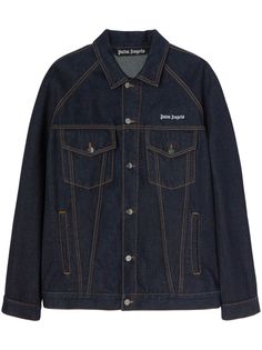 navy blue cotton washed denim embroidered logo at the chest embroidered logo to the rear classic collar front button fastening long sleeves two chest flap pockets straight hem Denim Jacket Men, Palm Angels, Mens Outerwear, Denim Wash, Flap Pocket, Outerwear Jackets, Denim Jacket, Navy Blue, Long Sleeves