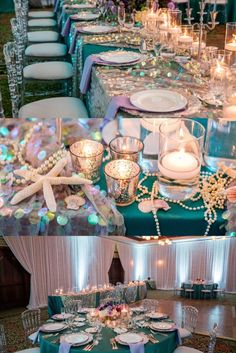 the tables are set up with candles and place settings for an elegant dinner or reception