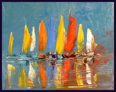 an abstract painting of colorful sailboats in the water