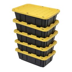 three black and yellow plastic containers stacked on top of each other