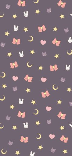 a purple background with stars, hearts and bows on it's sides in pastel colors