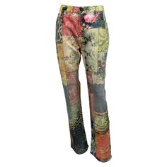 Roberto Cavalli Early 2000’s Multi Patchwork Print Mid Rise Jeans-Size Large These iconic Cavalli Printed Jean design from the late 90’s are a true collectors piece. The pants are multi colored with a patchwork design of various different prints throughout. The pants have a standard jean cut with the 2 front side pockets and the small coin pocket with Copper Cavalli logo studs, 2 back pockets, front 7” zipper with a Copper colored Cavalli button. The jeans are 98% cotton and 2% Elastan and are i Cavalli Jeans, Textures Fashion, Patchwork Print, Printed Jeans, Vintage Pants, Patchwork Designs, Designer Jeans, Mid Rise Jeans, Roberto Cavalli