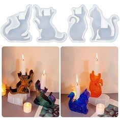 three candles are sitting on a table next to each other with different designs and shapes