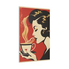 a woman drinking coffee from a cup on a red and black background canvas print wall art