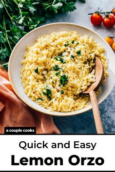 a bowl filled with lemon orzo next to tomatoes and parsley on the side