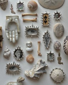 various shells and other objects are arranged on a white surface with holes in the middle