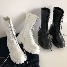 Winter Boots Women Fashion, Chunky Heel Platform Boots, Platform Boots Women, White Ankle Boots, Buy Boots, Leather Biker Boots, Lace Up Combat Boots, Boots Women Fashion