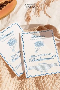 two wedding cards with the words will you be my bridesmaid? on them