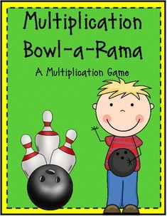 a boy holding a bowling ball next to a bowling pin with the words'multiplication bowl - a - rama '