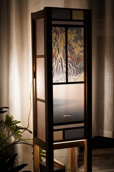 Custom bamboo, oak, & pine floor lamp/shelf piece 72" high, 12" wide.  Giclée print of Hokusai painting 'Kurokami Mountain,' juxtaposed with original photograph taken at Sterling Lake in Ringwood, NJ.  1,000 watt soft white LED bulb with dimming features.   Check out instagram @termitecandynyc for other work and to inquire about commissions Lamp Shelf, Hokusai Paintings, Ringwood Nj, Pine Floors, Giclée Print, Floor Lamps, Live Light, Soft White, Lamp Shade