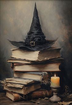 a stack of books with a witches hat on top and a lit candle next to it