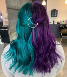 Vivid Split Dyed Hair, Purple And Teal Hair, Mermaid Haircut, Teal And Purple Hair, Hairstylist Inspiration, Purple And Green Hair, Goddess Locks, Haircolor Ideas, Anna Hair