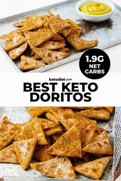 two pictures with different types of food on them and the words best keto doritos