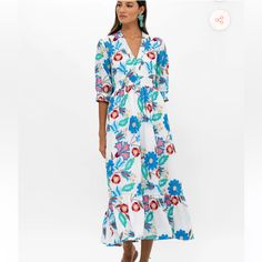 Gorgeous Smocked, Beautiful Colors, Exquisite Embroidery Around Flowers. Fully Lined. Nwt. Blue Vacation Dress With Smocked Cuffs, Blue Vacation Dresses With Smocked Cuffs, Maxi Shift Dress, Ruffle Midi Dress, Bubble Skirt, Tiered Midi Dress, Pink Midi Dress, Midi Dress With Sleeves, Kaftan Dress