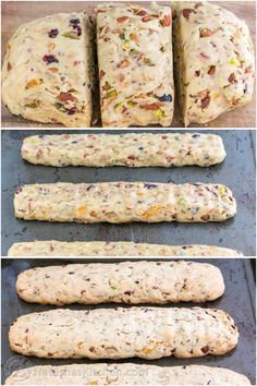 bread loafs are lined up and ready to go into the oven, with different toppings