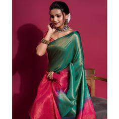 Green & Pink colored saree is made from kanjivaram silk fabric which is highlighted with beautiful zari weaving work as shown. comes along unstitched kanjivaram silk blouse piece which you can customise as per your design/style. Occasion - You can wear this saree for casual, outing & get together. Note:- The actual product may differ slightly in color and design from the one illustrated in the images when compared with computer or mobile screen. Measurements: Saree : KanjiVaram : 5.5 Mtrs Blouse : KanjiVaram Silk : 0.8 Mtr Material: KanjiVaram Silk Stitch Type: Unstitched Country of Origin: India Care Guide: Dry Clean Pink With Green Saree, Fusion Saree With Dupatta For Diwali, Diwali Fusion Style Saree With Dupatta, Fusion Blouse Piece With Pallu For Diwali, Fusion Style Dupatta With Pallu For Puja, Unstitched Fusion Saree With Detailed Pallu, Unstitched Fusion Saree With Pallu, Fusion Style Dupatta With Pallu For Navratri, Fusion Style Saree With Pallu For Diwali