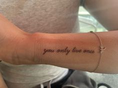 yolo Time Never Stops Tattoo, Tattoo Inspo Girl, Inspo Quotes Tattoo, Like Work Tattoo Ideas, Best Places For Word Tattoos, Simple Clean Tattoos, Simple Word Tattoos With Meaning, Tattoos About Dreaming, Color Bone Tattoos For Women Quotes