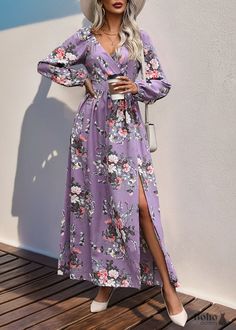 Boho Long Sleeve V-neck Printed Dress - Purple / S Chic Flowy Rose Print Dress, Long Sleeve Ditsy Floral Maxi Dress For Garden Party, Spring Rose Print Maxi Dress For Garden Party, Casual Purple Floral Print Maxi Dress, Casual Fitted Maxi Dress With Rose Print, Chic Rose Print Maxi Dress, Chic Maxi Dress With Rose Print, Feminine Floral Maxi Dress For Fall, Fitted V-neck Floral Dress With Rose Print