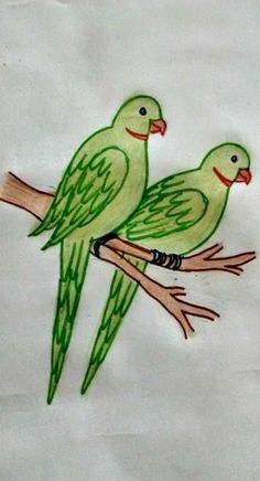 two green birds sitting on top of a tree branch with white paper in the background